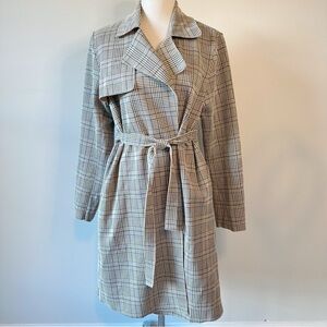 Blank NYC Grey Tan Glen Plaid Trench Coat Tie Belt No Buttons, size Large